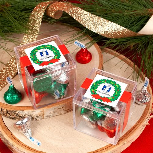 Personalized Christmas Add Your Logo Wreath JUST CANDY® favor cube with Hershey's Kisses