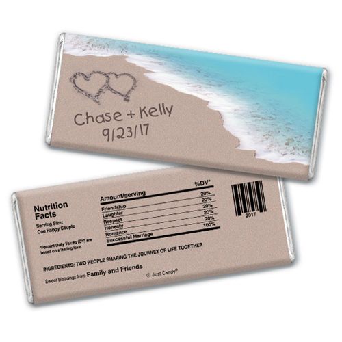 Wedding Favor Personalized Chocolate Bar Names and Hearts in Sand Sea Shore