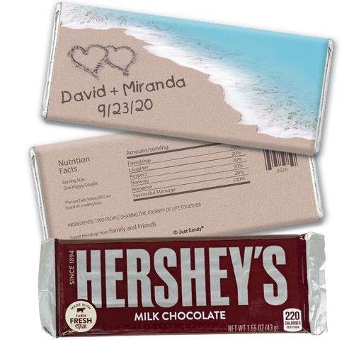 Wedding Favor Personalized Hershey's Milk Chocolate Bar Names and Hearts in Sand Sea Shore