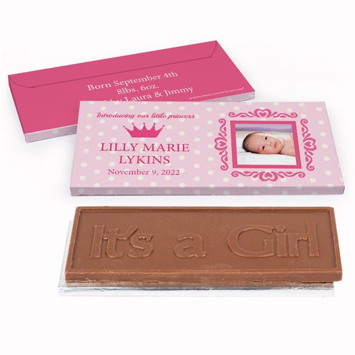 Deluxe Personalized Birth Announcement Polka Dots & Crown Embossed Chocolate Bar in Gift Box