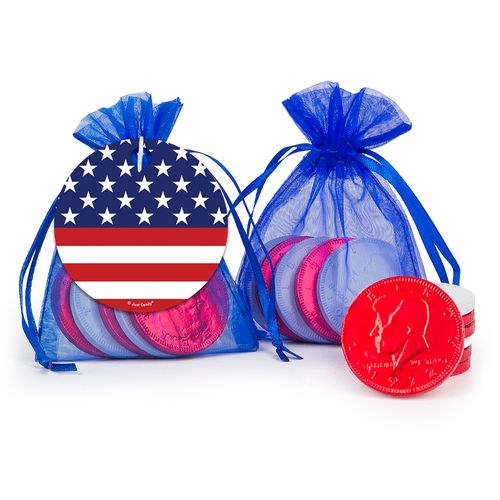 Independence Day Stars & Stripes Milk Chocolate Coins in Organza Bags with Gift Tag