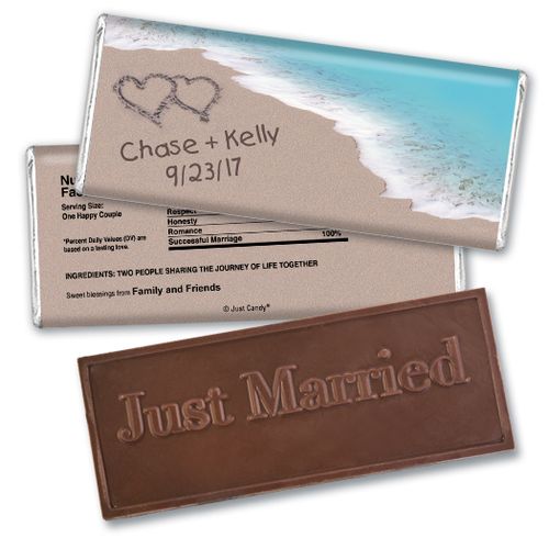 Personalized Wedding Favor Embossed Chocolate Bar Names and Hearts in Sand Sea Shore