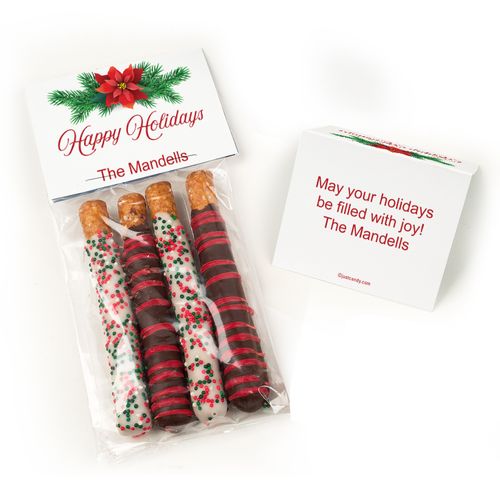 Personalized Happy Holidays Poinsettia Belgian Chocolate Covered Pretzel Sticks (4pcs)
