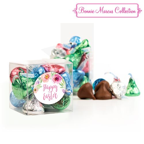 Easter Pink Flowers Clear Gift Box with Sticker - Approx. 16 Spring Mix Hershey's Kisses