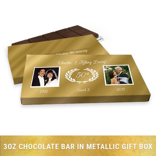 Deluxe Personalized Anniversary Gilded Fluer De Lis Chocolate Bar in Gold Metallic Gift Box