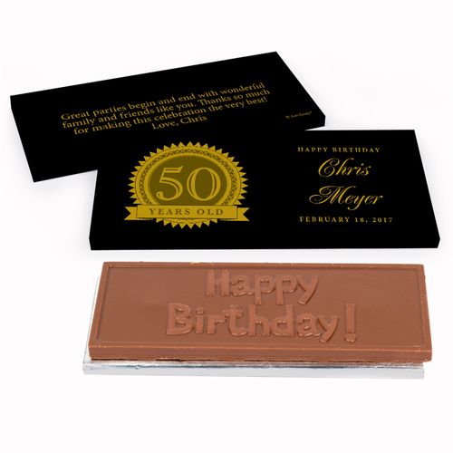 Deluxe Personalized 50th Milestones Seal Birthday Chocolate Bar in Gift Box