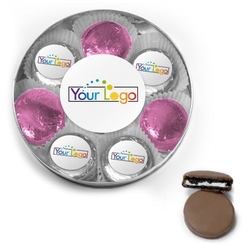 Personalized Add Your Logo Chocolate Covered Oreo Cookies Large Silver Plastic Tin