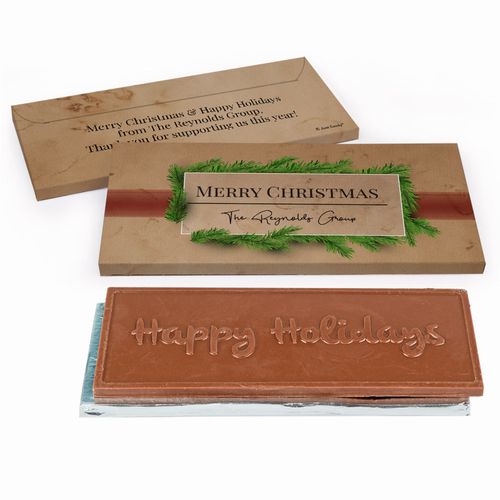 Deluxe Personalized Brown Paper Packages Christmas Embossed Happy Holidays Chocolate Bar in Gift Box