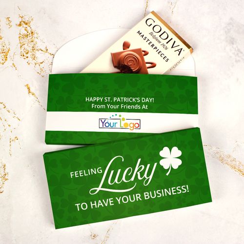 Deluxe Personalized St. Patrick's Day Feeling Lucky Add Your Logo Godiva Chocolate Bar in Gift Box (3.1oz)