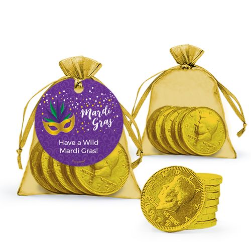 Personalized Mardi Gras Big Easy Chocolate Coins in XS Organza Bags with Gift Tag