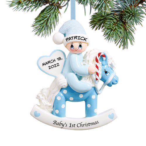 Personalized Baby's First Christmas Rocking Horse Blue