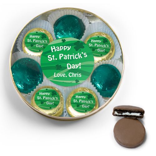 Personalized Happy St. Patrick's Day Chocolate Covered Oreo Cookies Large Gold Plastic Tin