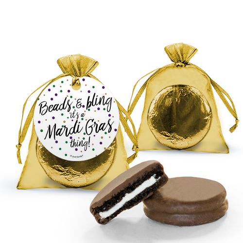 Mardi Gras Beads & Bling Chocolate Covered Oreo Cookies in Organza Bags with Gift tag