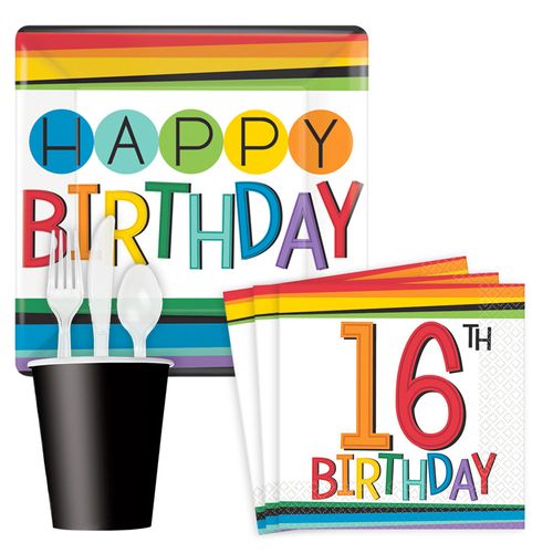 Rainbow Happy 16th Birthday Standard Tableware Kit Serves 8