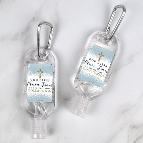 Personalized Communion Hand Sanitizer with Carabiner Watercolor God Bless 1 fl. oz bottle
