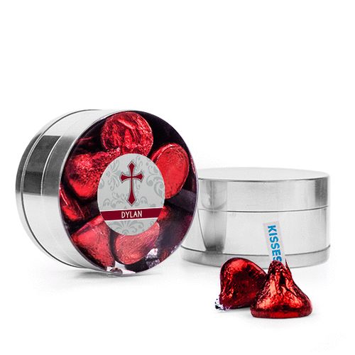 Personalized Boy Confirmation Favor Assembled Small Round Plastic Tin Filled with Hershey's Kisses