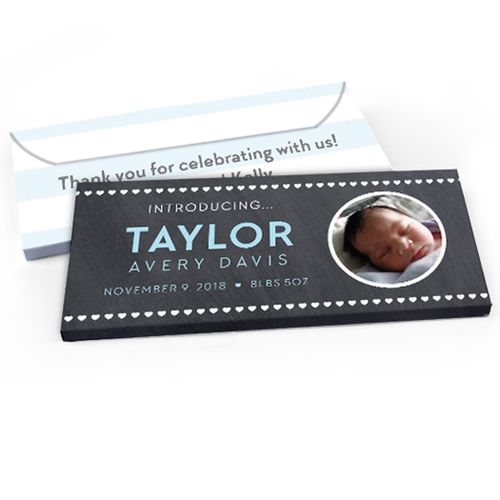 Deluxe Personalized Heart Pattern Baby Boy Announcement Chocolate Bar in Gift Box
