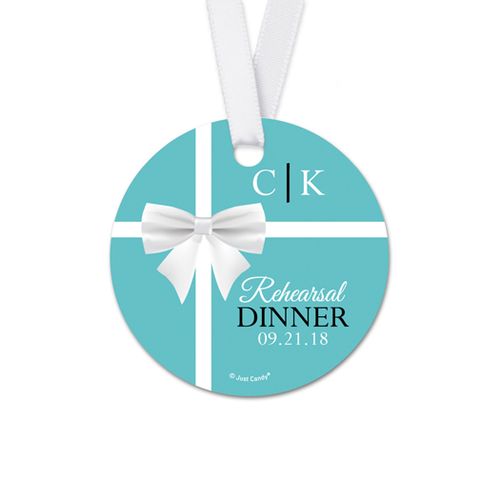 Personalized Little Blue Box Rehearsal Dinner Round Favor Gift Tags (20 Pack)