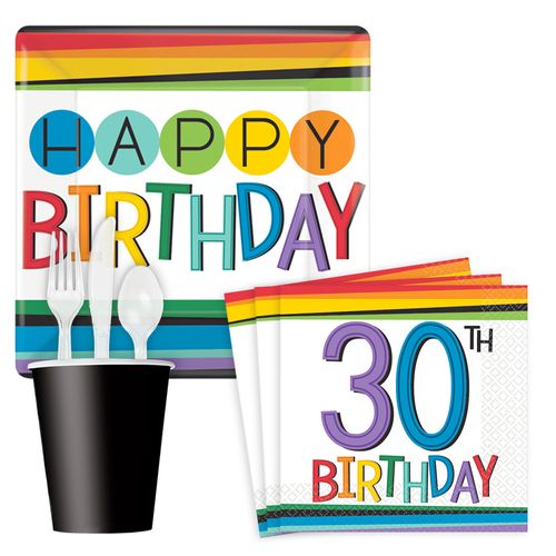 Rainbow Happy 30th Birthday Standard Tableware Kit Serves 8