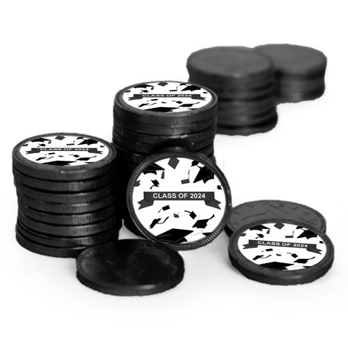 Graduation Hats Off Black Chocolate Coins with Stickers (84 Pack)