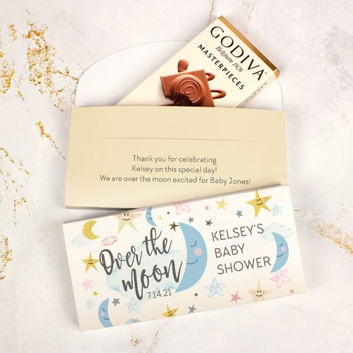 Deluxe Personalized Over the Moon Baby Shower Godiva Chocolate Bar in Gift Box