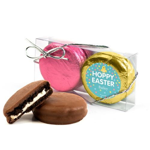 Personalized Easter Blue Dots 2Pk Pink & Gold Foiled Chocolate Covered Oreo Cookies