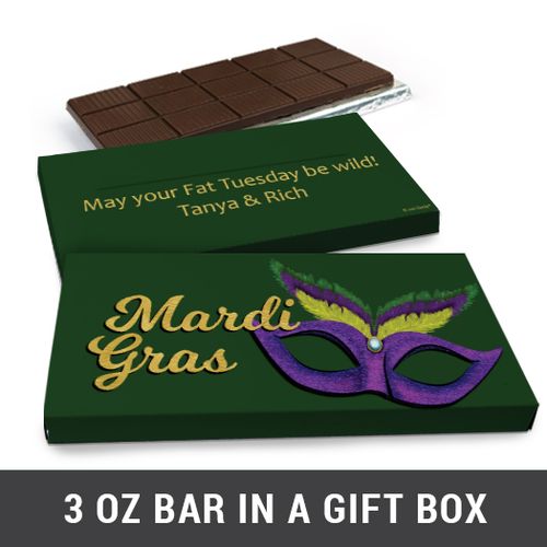 Deluxe Personalized Mardi Gras Masquerade Chocolate Bar in Gift Box (3oz Bar)