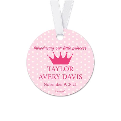 Personalized Baby Girl Dots & Crown Announcement Round Favor Gift Tags (20 Pack)