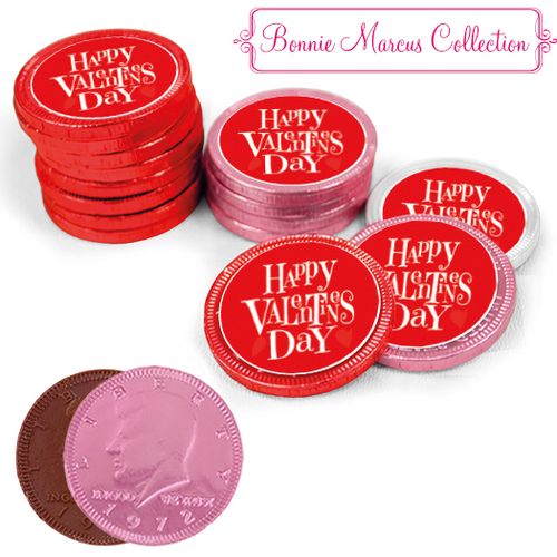 Bonnie Marcus Collection Valentine's Day Cute Heart Milk Chocolate Red, Pink and White Coins with Stickers (84 Pack)