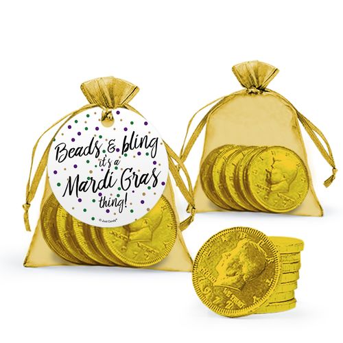 Mardi Gras Beads & Bling Chocolate Coins in XS Organza Bags with Gift Tag