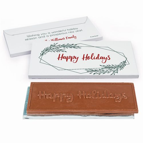 Deluxe Personalized Geometric Holiday Christmas Embossed Happy Holidays Chocolate Bar in Gift Box