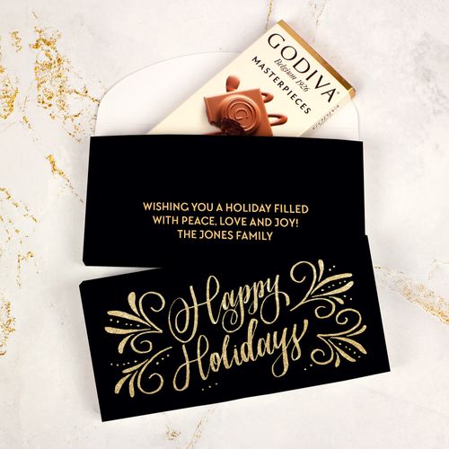 Deluxe Personalized Bonnie Marcus Happy Holidays Flourish Godiva Chocolate Bar in Gift Box