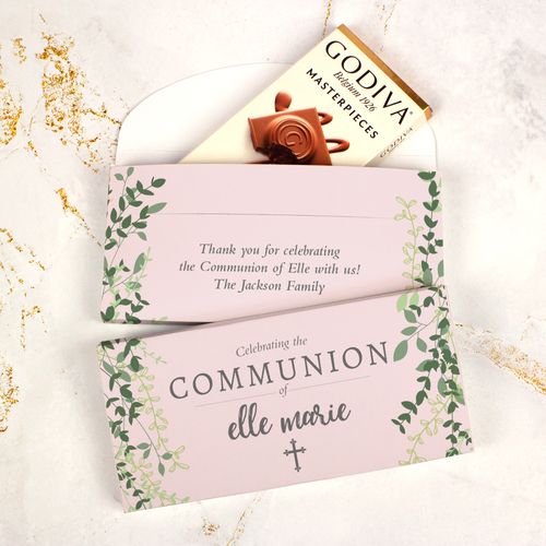 Deluxe Personalized Godiva Rose Pink Leaves Communion Chocolate Bar