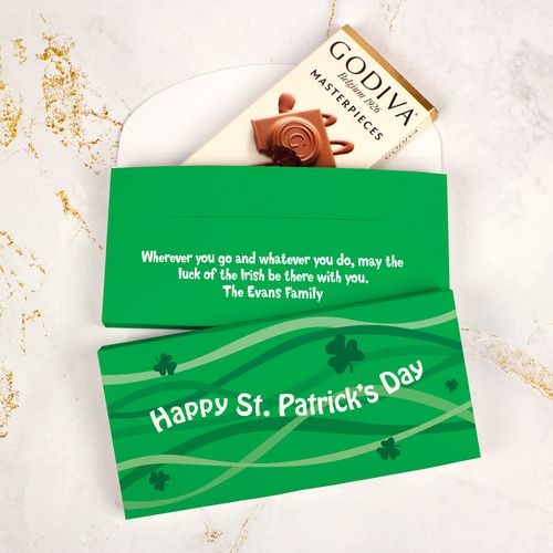 Deluxe Personalized St. Patrick's Day Clover Streams Godiva Chocolate Bar in Gift Box