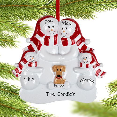 Personalized Snowman Family of 4 with 1 Brown Dog