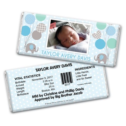 Bonnie Marcus Collection Personalized Chocolate Bar Wrapper Baby Elephants Boy Birth Announcement