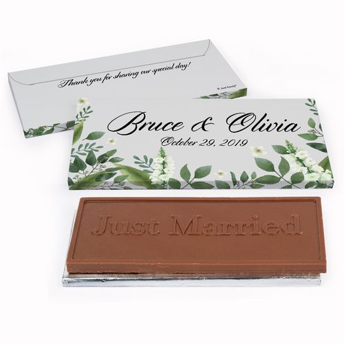 Deluxe Personalized Botanical Garden Wedding Embossed Just Married Chocolate Bar in Gift Box