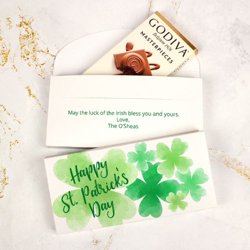 Deluxe Personalized St. Patrick's Day Watercolor Clovers Godiva Chocolate Bar in Gift Box