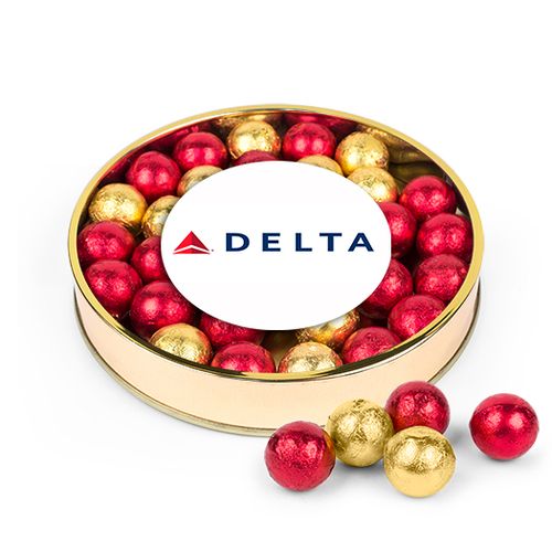 Personalized Add Your Logo Large Plastic Tin with Gold & Red Caramel Filled Foil Balls