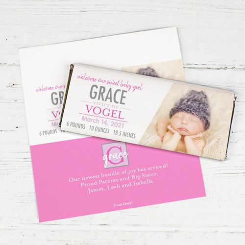 Personalized Pink Monogram Baby Girl Birth Announcement Hershey's Chocolate Bar Wrappers