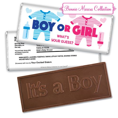 Personalized Bonnie Marcus Onesies Gender Reveal Embossed It's a Boy Chocolate Bar
