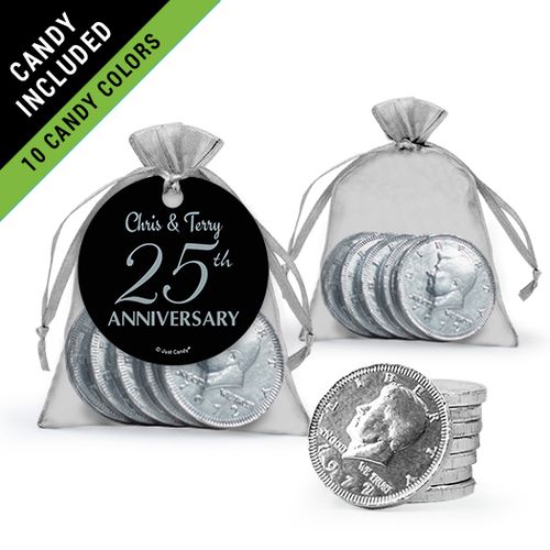 Personalized 25th Anniversary Favor Assembled Gift tag, Organza Bag Filled with Milk Chocolate Coins