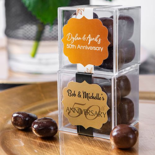 Personalized 50th Anniversary JUST CANDY® favor cube with Premium Milk & Dark Chocolate Sea Salt Caramels