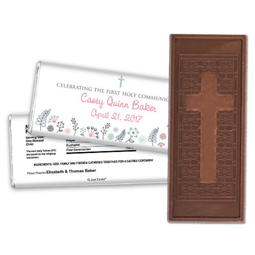 First Communion Embossed Cross Chocolate Bar Blooming Flowers