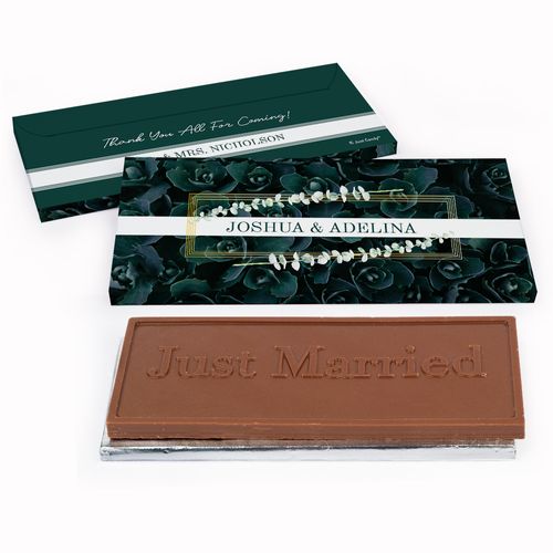 Deluxe Personalized Enchanting Bloom Wedding Embossed Just Married Chocolate Bar in Gift Box
