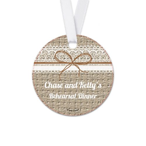 Personalized Burlap & Lace Rehearsal Dinner Round Favor Gift Tags (20 Pack)