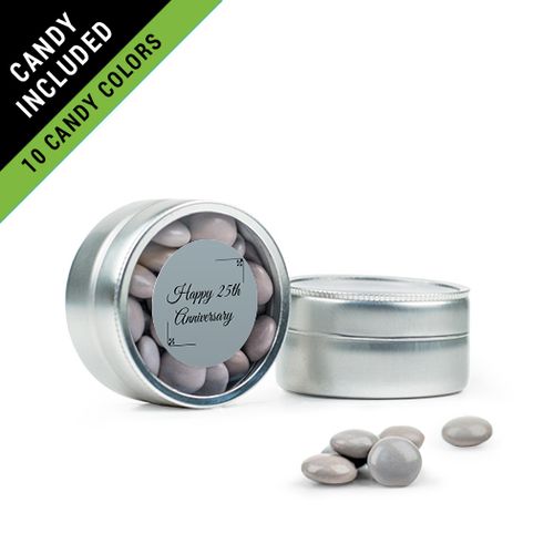 Personalized 25th Anniversary Favor Assembled Mini Round Tin Filled with Just Candy Milk Chocolate Minis