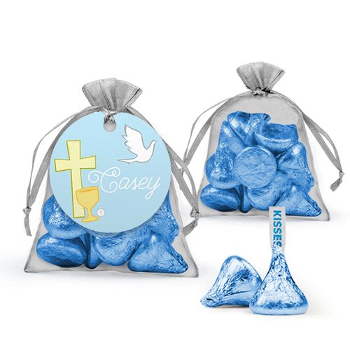 Personalized Boy First Communion Favor Assembled Organza Bag Filled with Hershey's Kisses