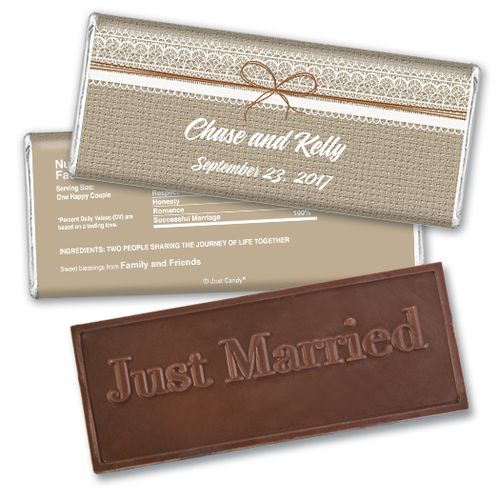 Personalized Wedding Favor Embossed Chocolate Bar Burlap and Lace