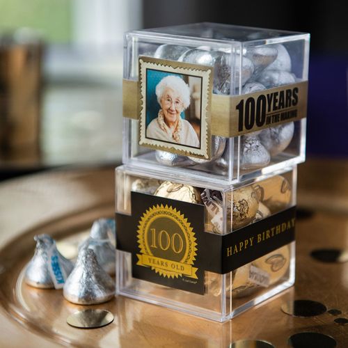 Personalized Milestone 100th Birthday JUST CANDY® favor cube with Hershey's Kisses
